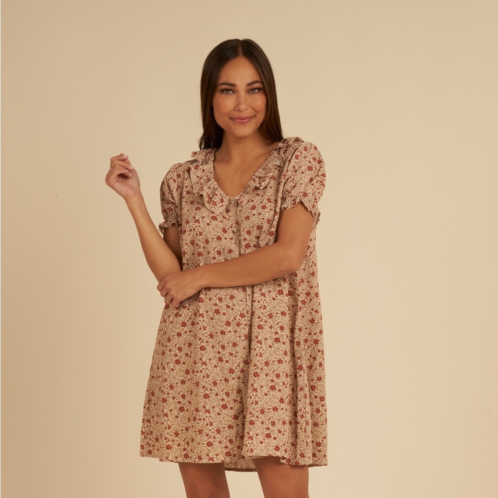 Rylee + Cru Beige Mini Dress with Red Floral Print